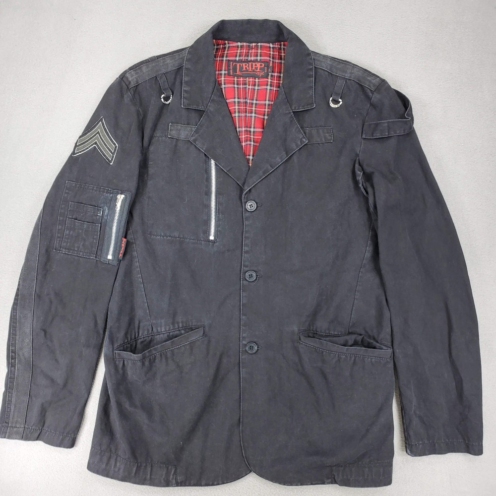 Tripp NYC Military Jacket Mens L Black Goth Punk Plaid Lined D-Ring AF813M